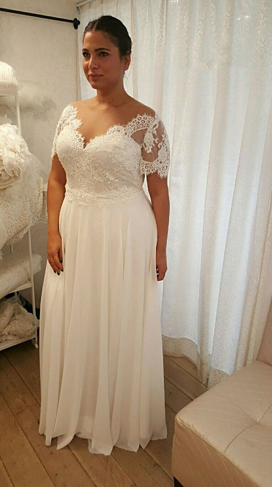 2024 Cheap A-Line Wedding Dresses Chiffon Off Shoulder Capped Sleeves Lace Plus Size