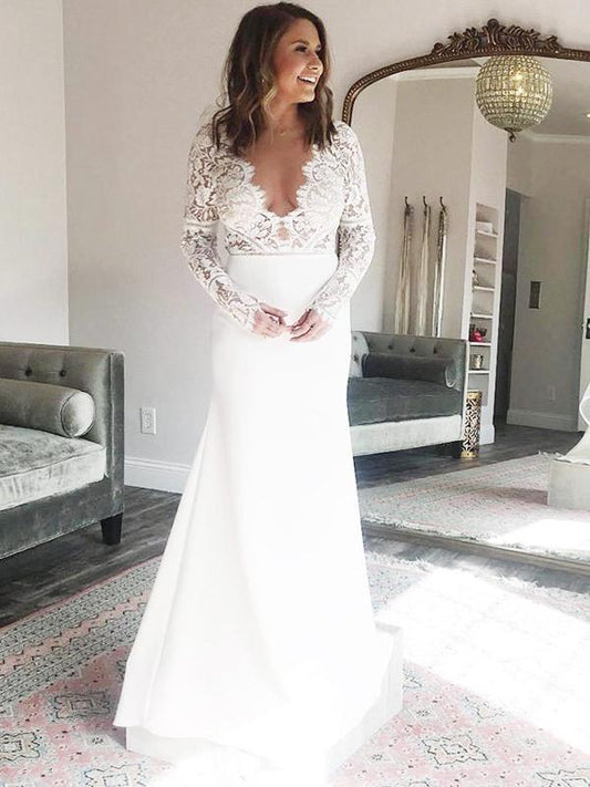 2024 Sheath Column Wedding Dresses Long Sleeves Open Front Lace Cheap Beach