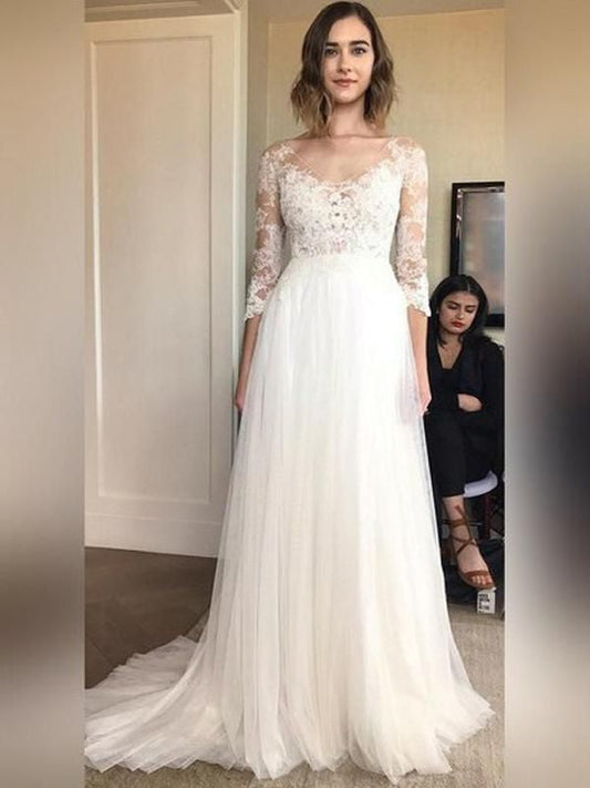 2024 New Arrival Wedding Dresses A-Line Tulle Long Sleeves V-Neck Lace Beach