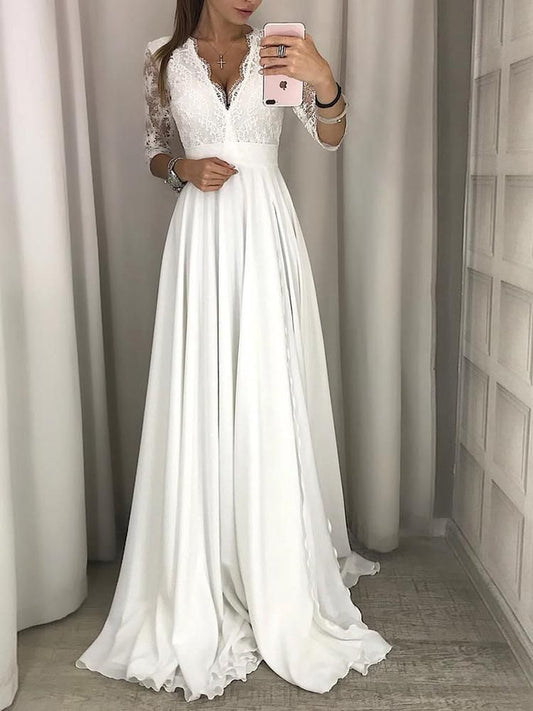 2024 Cheap A-Line Wedding Dresses Long Sleeves Chiffon Lace V-Neck Beach