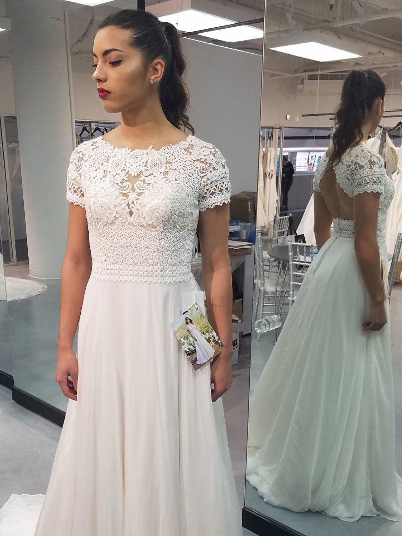 2024 Wedding Dresses A-Line Capped Sleeves Scoop Backless Chiffon Lace Beach