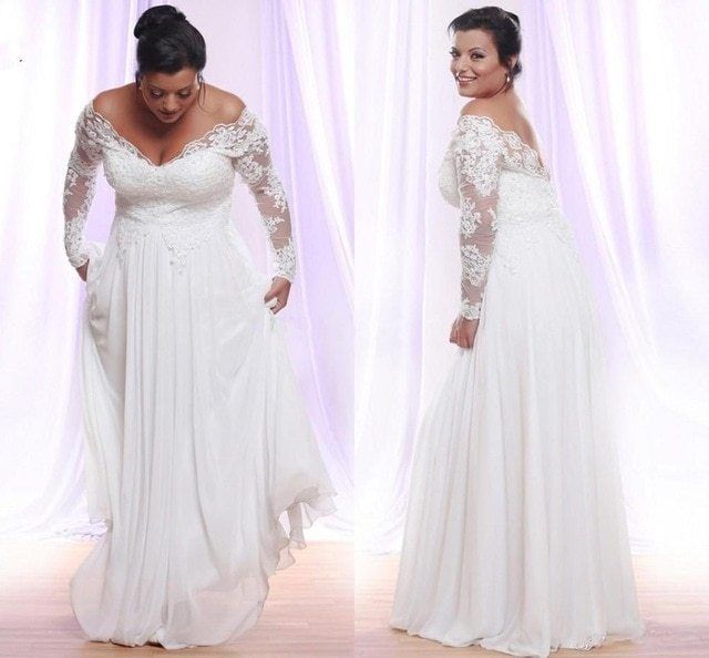 2024 Cheap A-Line Wedding Dresses Chiffon Off Shoulder Long Sleeves lace Plus Size