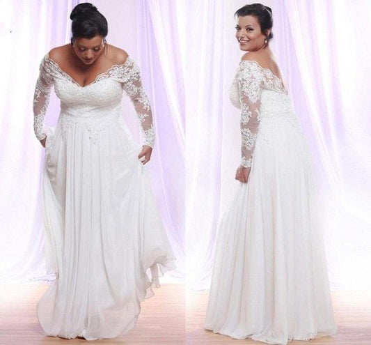 2024 Cheap A-Line Wedding Dresses Chiffon Off Shoulder Long Sleeves lace Plus Size