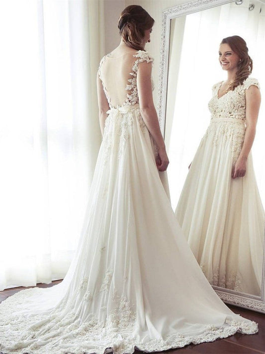 2024 Wedding Dresses New Designer A-Line Chiffon See Through Back Lace V-Neck Beach