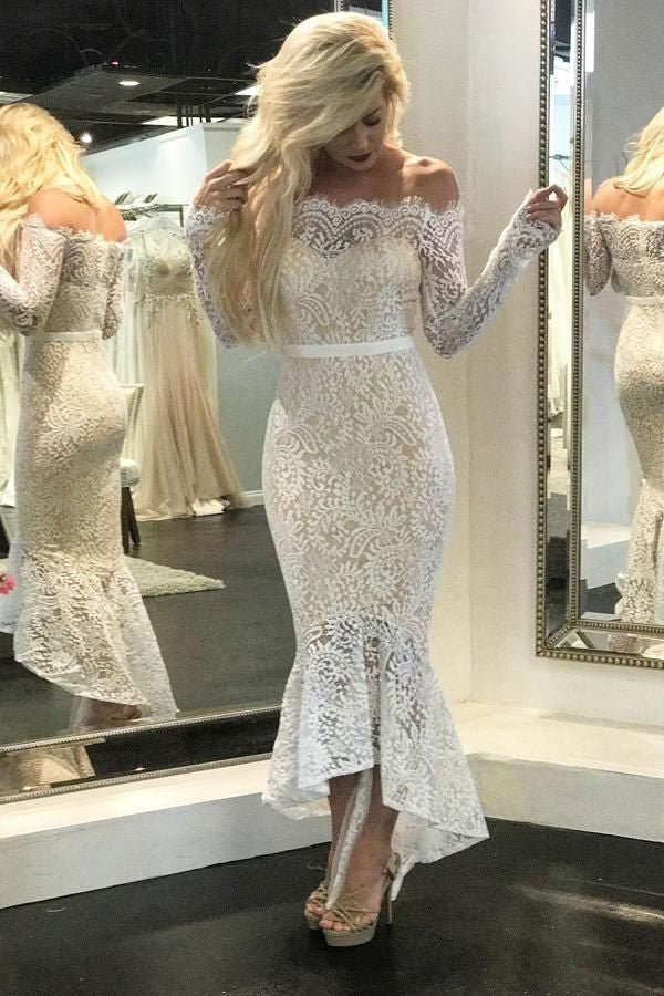 2024 Sexy Wedding Dresses High Low Off Shoulder Long Sleeves Lace Short Beach