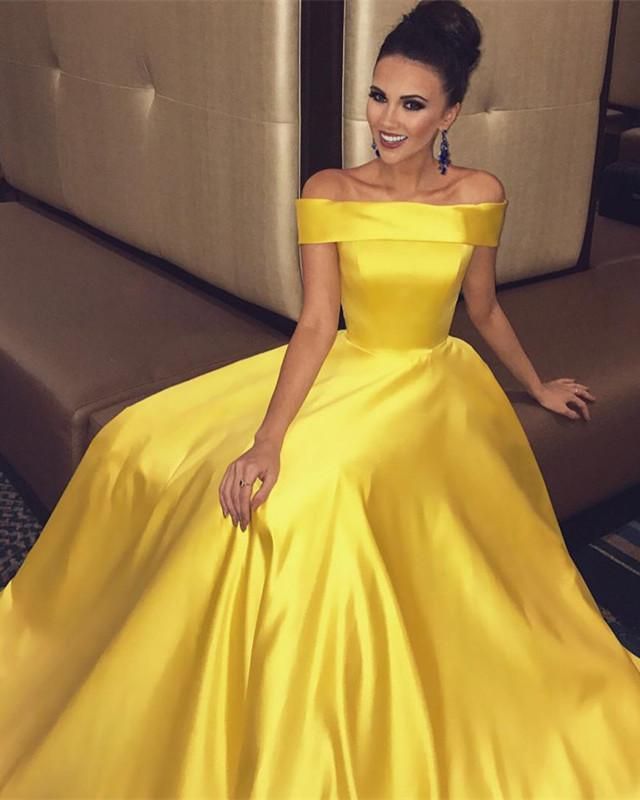 2024 Cheap Prom Dresses A Line Off Shoulder Daffodil Elastic Satin