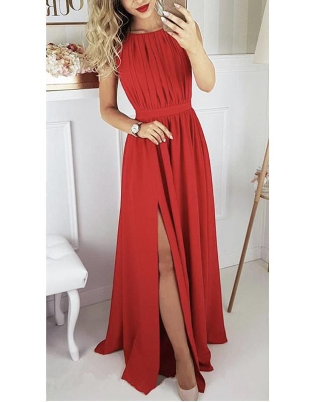 2024 Cheap Prom Dresses A Line Red Side Slit Scoop Satin Lace