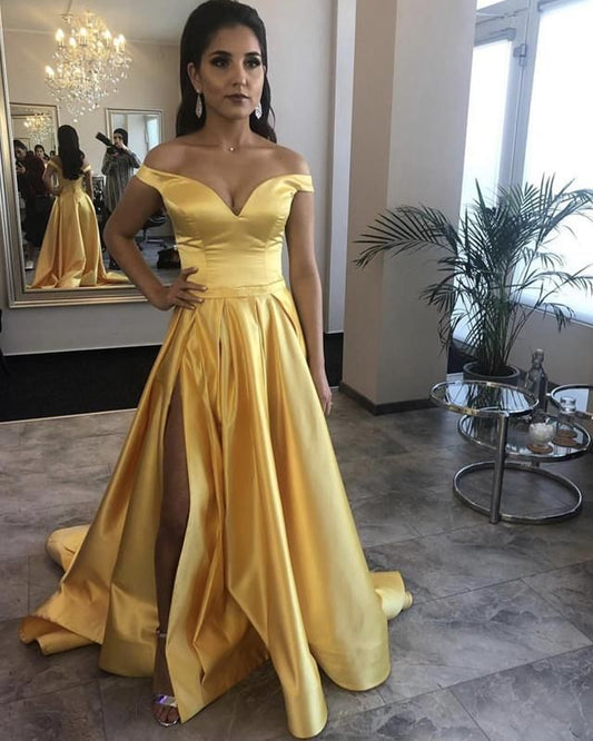 2024 Cheap Prom Dresses A Line Satin Daffodil Off Shoulder Sweetheart Side Slit Long