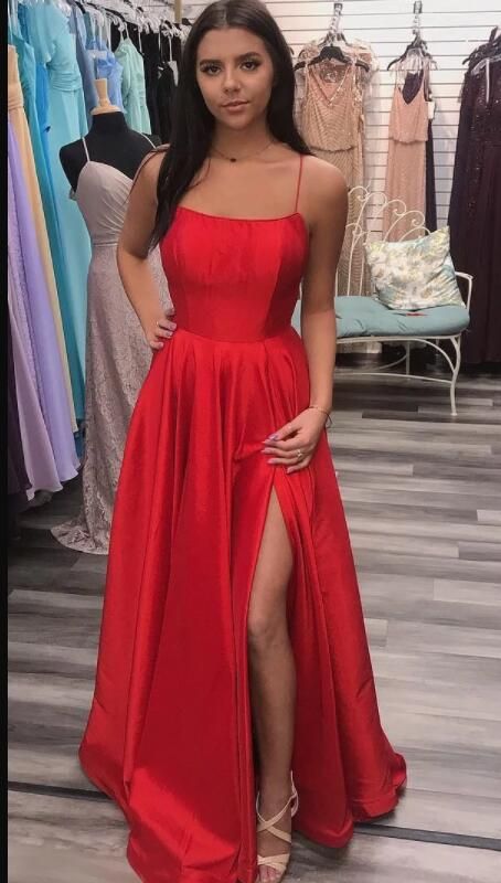 2024 Amazing Prom Dresses A Line Red Side Slit Spaghetti Straps Cheap