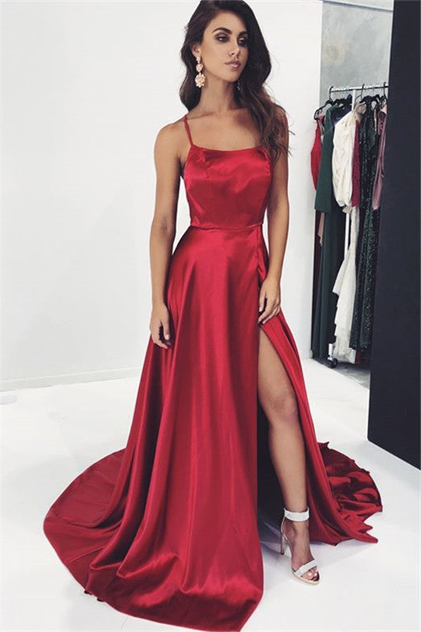 2024 Cheap Prom Dresses A Line Side Slit Elastic Satin Red Halter