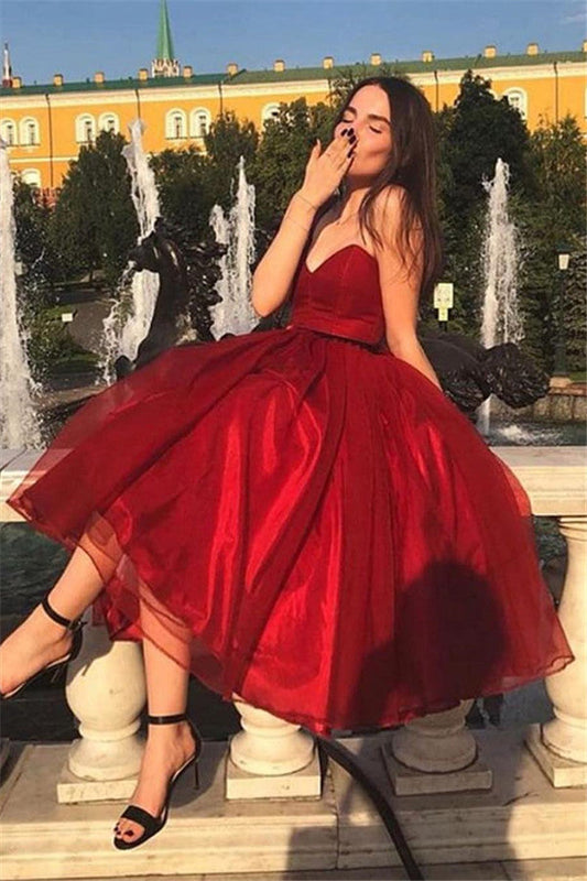 2024 Cheap Prom Dresses A Line Sweetheart Tea Length Burgundy Organza Short