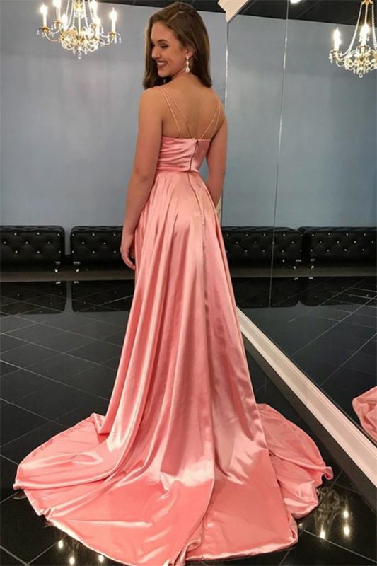 2024 Cheap Prom Dresses A Line V Neck Pink Side Slit Elastic Satin