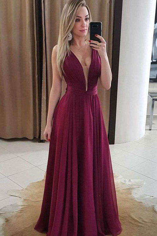 2024 Cheap Prom Dresses A Line V Neck Chiffon Burgundy Floor Length