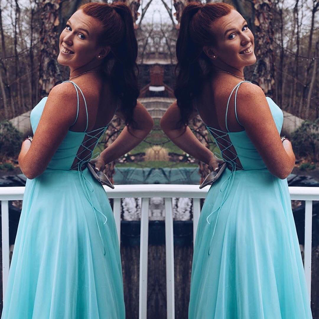 2024 Cheap Prom Dresses A Line Blue Chiffon Backless Lace Up