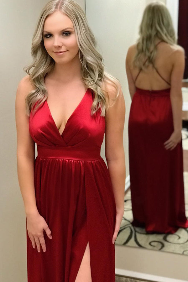 2024 Cheap Prom Dresses A Line Red Sweetheart Side Slit Backless