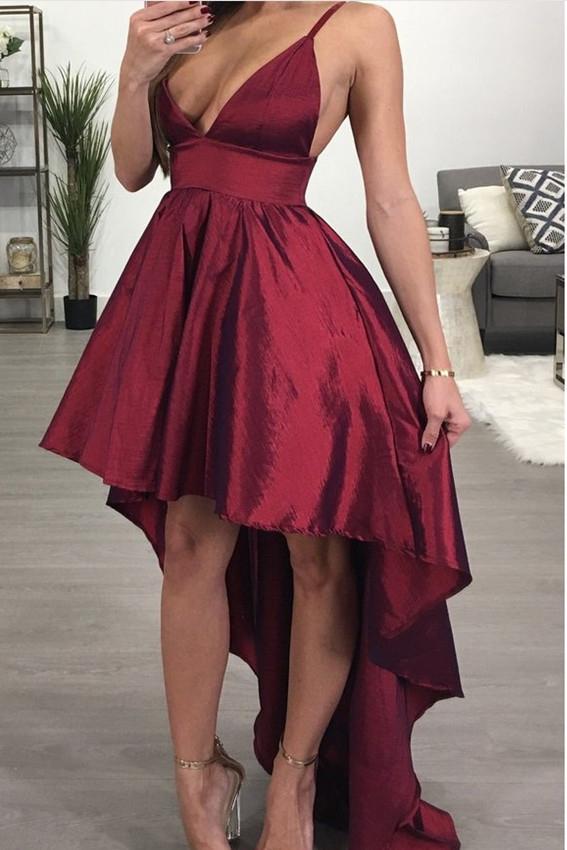 2024 Sexy A Line Prom Dresses High Low Burgundy Taffeta Backless Sweetheart Short