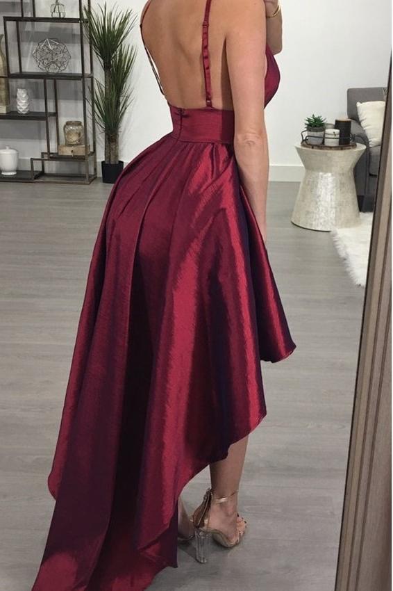 2024 Sexy A Line Prom Dresses High Low Burgundy Taffeta Backless Sweetheart Short