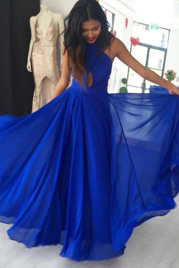 2024 Cheap Prom Dresses A Line Royal Blue Chiffon Halter Backless