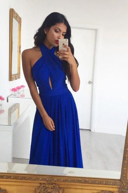 2024 Cheap Prom Dresses A Line Royal Blue Chiffon Halter Backless