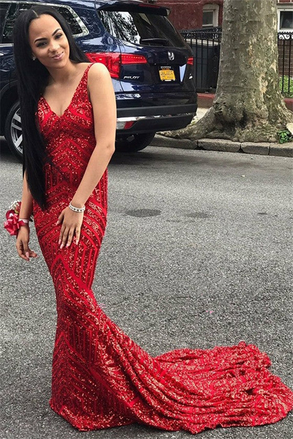 2024 Sexy Prom Dresses Red Mermaid V Neck Backless Long Lace