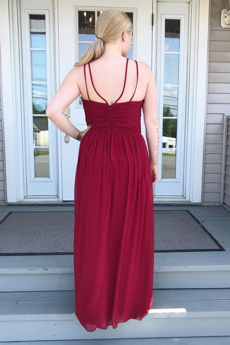 2024 Cheap Prom Dresses A Line Chiffon Floor Length Burgundy Halter Pleated