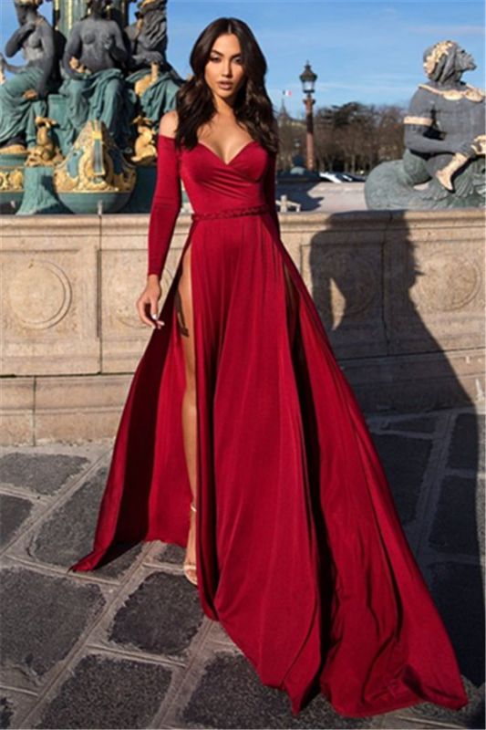 2024 Cheap Prom Dresses A Line Side Slit Sweetheart Long Sleeves Burgundy