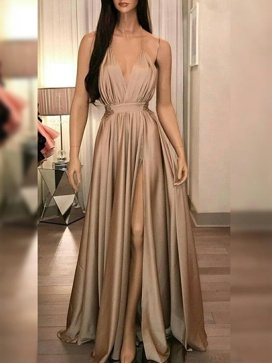 2024 Cheap Prom Dresses A Line Side Slit V Neck Pleated Backless Champagne