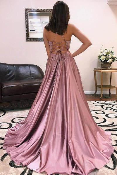 2024 Cheap Prom Dresses A Line V Neck Elastic Satin Dusty Rose Side Slit