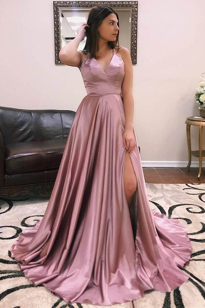 2024 Cheap Prom Dresses A Line V Neck Elastic Satin Dusty Rose Side Slit