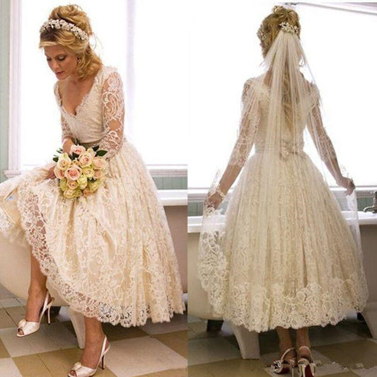 V Neck Lace Tea Length Long Sleeves Short Wedding Dresses 2024