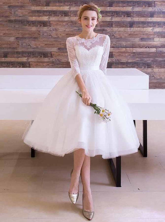 Long Sleeves Lace Tea Length 2024 A Line Short Beach Wedding Dresses