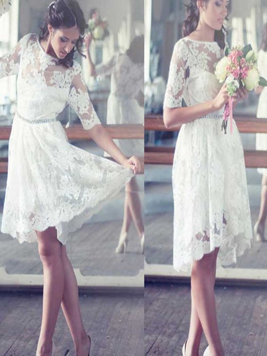 2024 Half Sleeves A Line Lace Scoop Short Beach Wedding Dresses