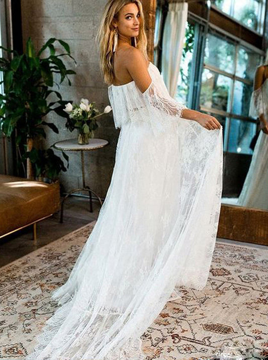 Off Shoulder Long A Line Lace Beach Wedding Dresses