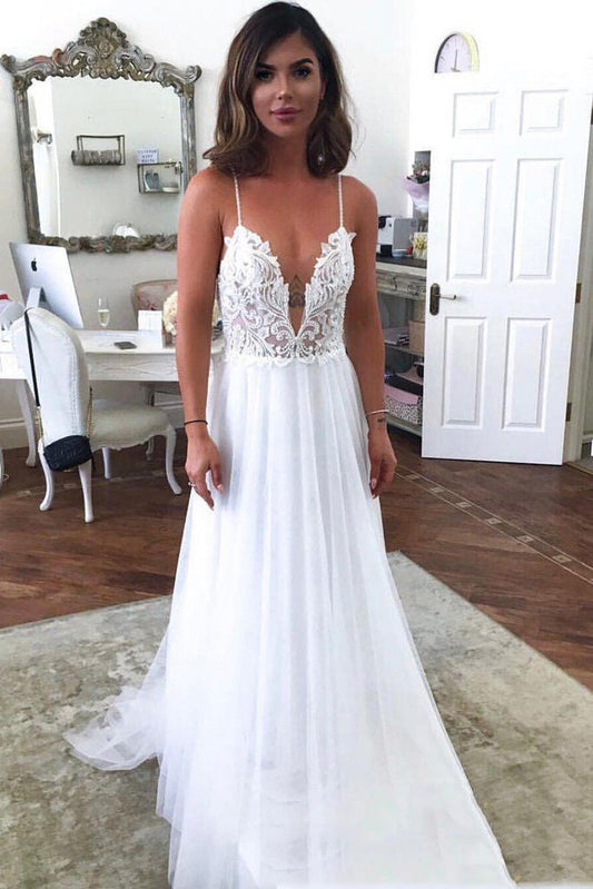 Open Front V Neck Backless A Line Tulle Lace Beach Wedding Dresses 2024