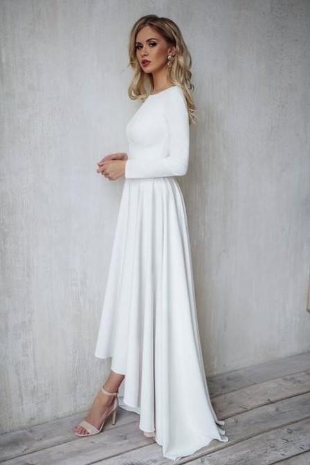 Long Sleeves Bateau A Line High Low Satin Beach Wedding Dresses 2024