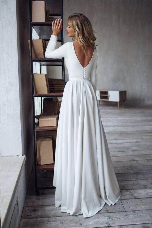 Long Sleeves Bateau A Line High Low Satin Beach Wedding Dresses 2024