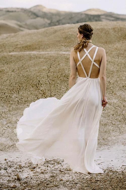 Chiffon Floor Length A Line Deep V Neck Backless 2024 Beach Wedding Dresses