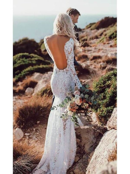 2024 Long Sleeves Backless Sexy Sheath Lace Beach Wedding Dresses