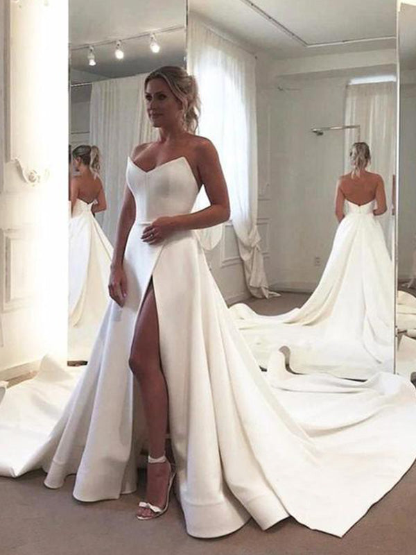 Sweetheart Satin Side Slit 2024 Ivory Long Train Natural Waist Wedding Dresses