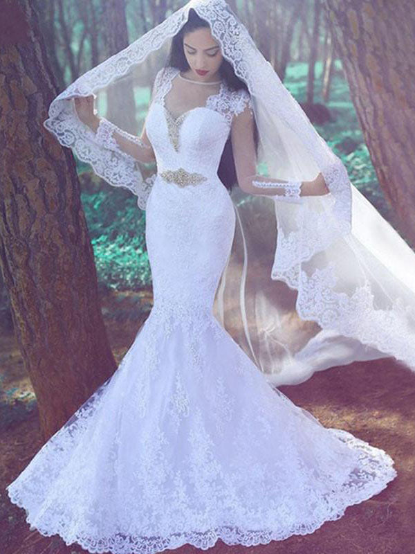 Long Sleeves Lace Beaded Mermaid White Belt Chapel Train Top Mesh Wedding Dresses