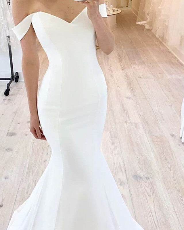 Ivory Sweetheart Satin 2024 Off Shoulder Mermaid Beach Wedding Dresses