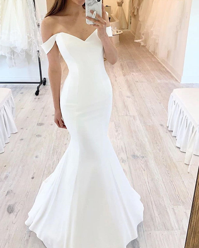 Ivory Sweetheart Satin 2024 Off Shoulder Mermaid Beach Wedding Dresses