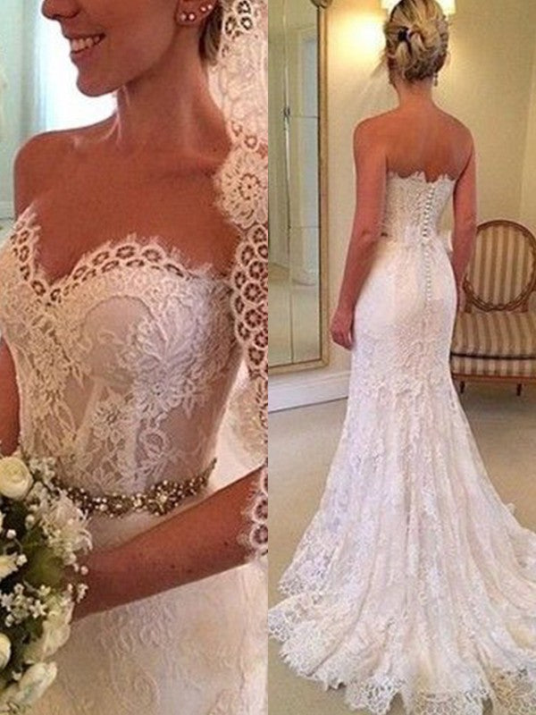 Sweetheart Sheath Beaded 2024 Lace Sash Bowknot Back Wedding Dresses