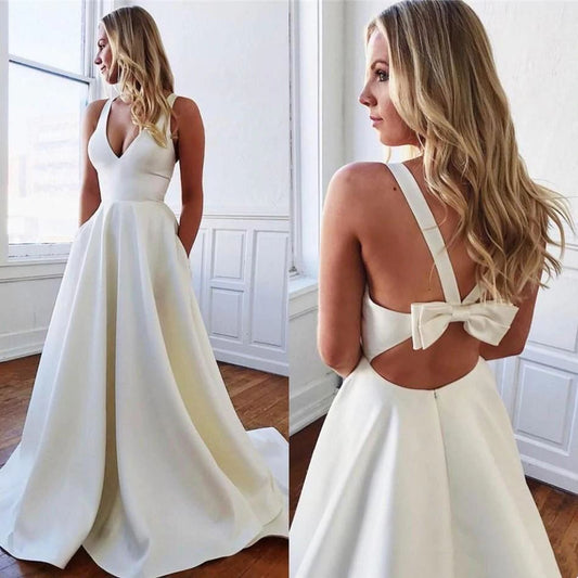 Halter Natural Waist Sweep Train Satin A Line Bowknot Back Wedding Dresses 2024