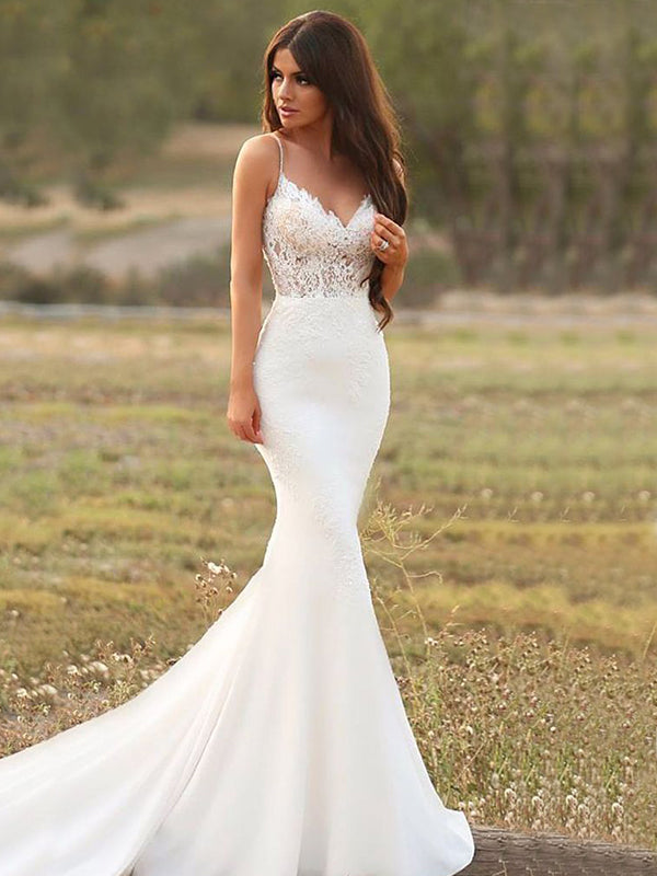 Spaghetti Straps Satin Lace Empire Mermaid Sweetheart Chapel Train Wedding Dresses 2024