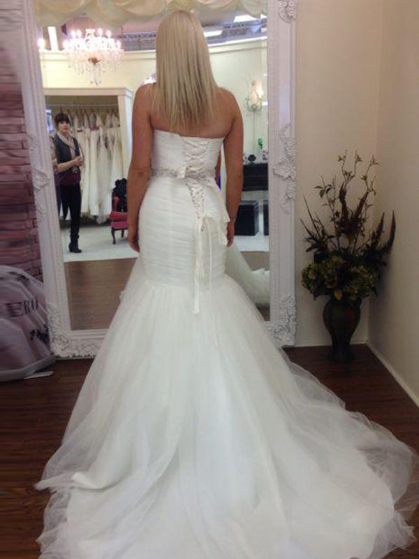 Sweetheart Ruched Tulle White Mermaid Lace Up Back Beaded Sash Wedding Dresses