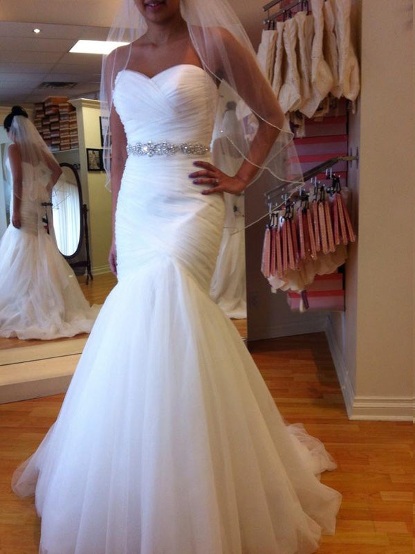 Sweetheart Ruched Tulle White Mermaid Lace Up Back Beaded Sash Wedding Dresses