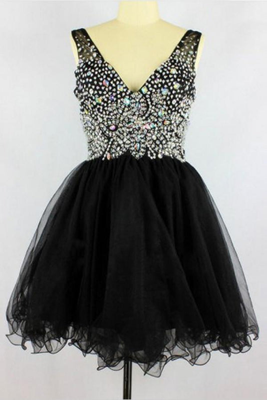 Black V-neck Sleevelesss Beading Prom Dresses Homecoming Dresses ED49