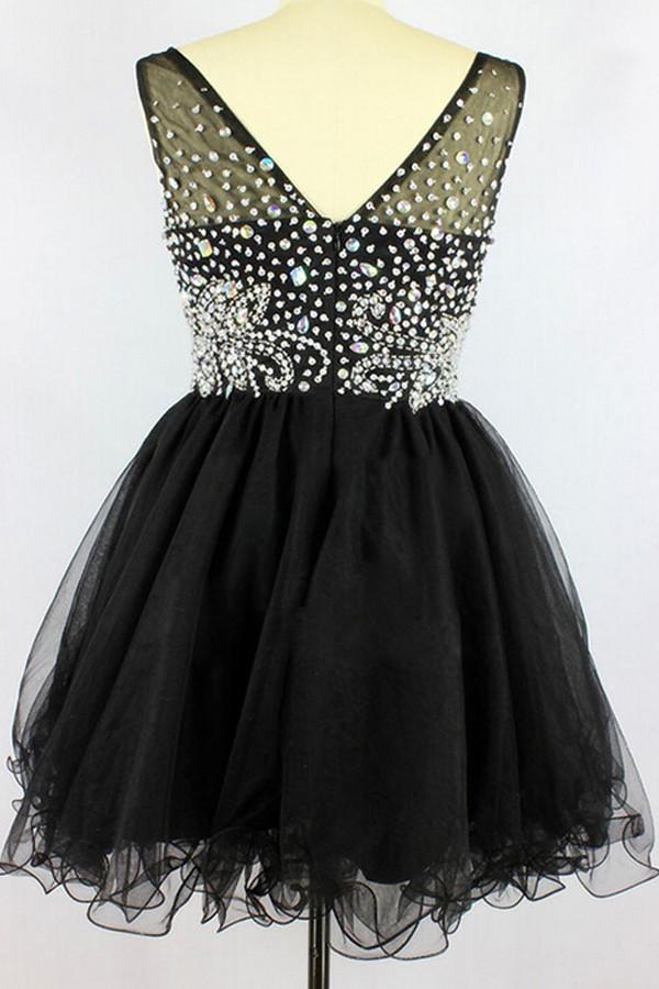 Black V-neck Sleevelesss Beading Prom Dresses Homecoming Dresses ED49