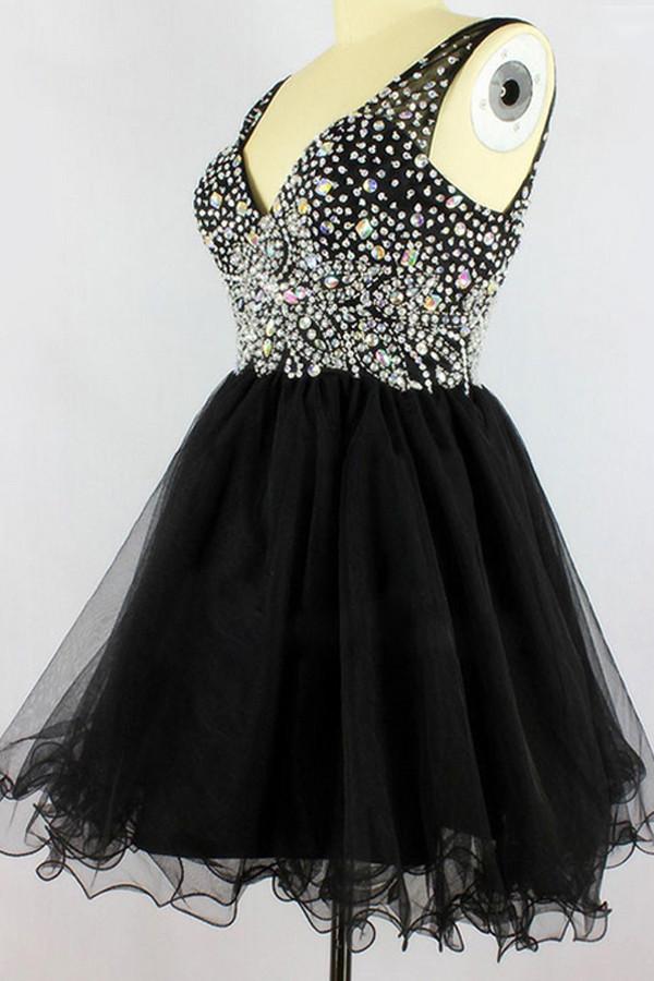 Black V-neck Sleevelesss Beading Prom Dresses Homecoming Dresses ED49